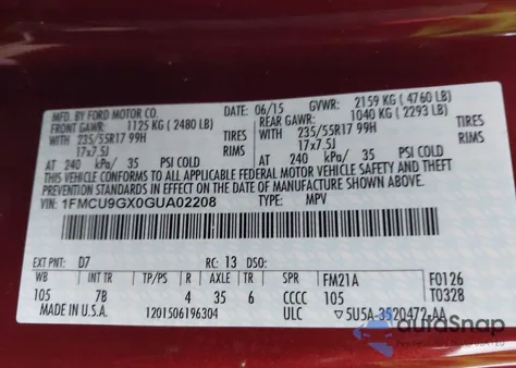 2016 Ford Escape Se z USA, uszkodzony, nr VIN 1FMCU9GX0GUA02208